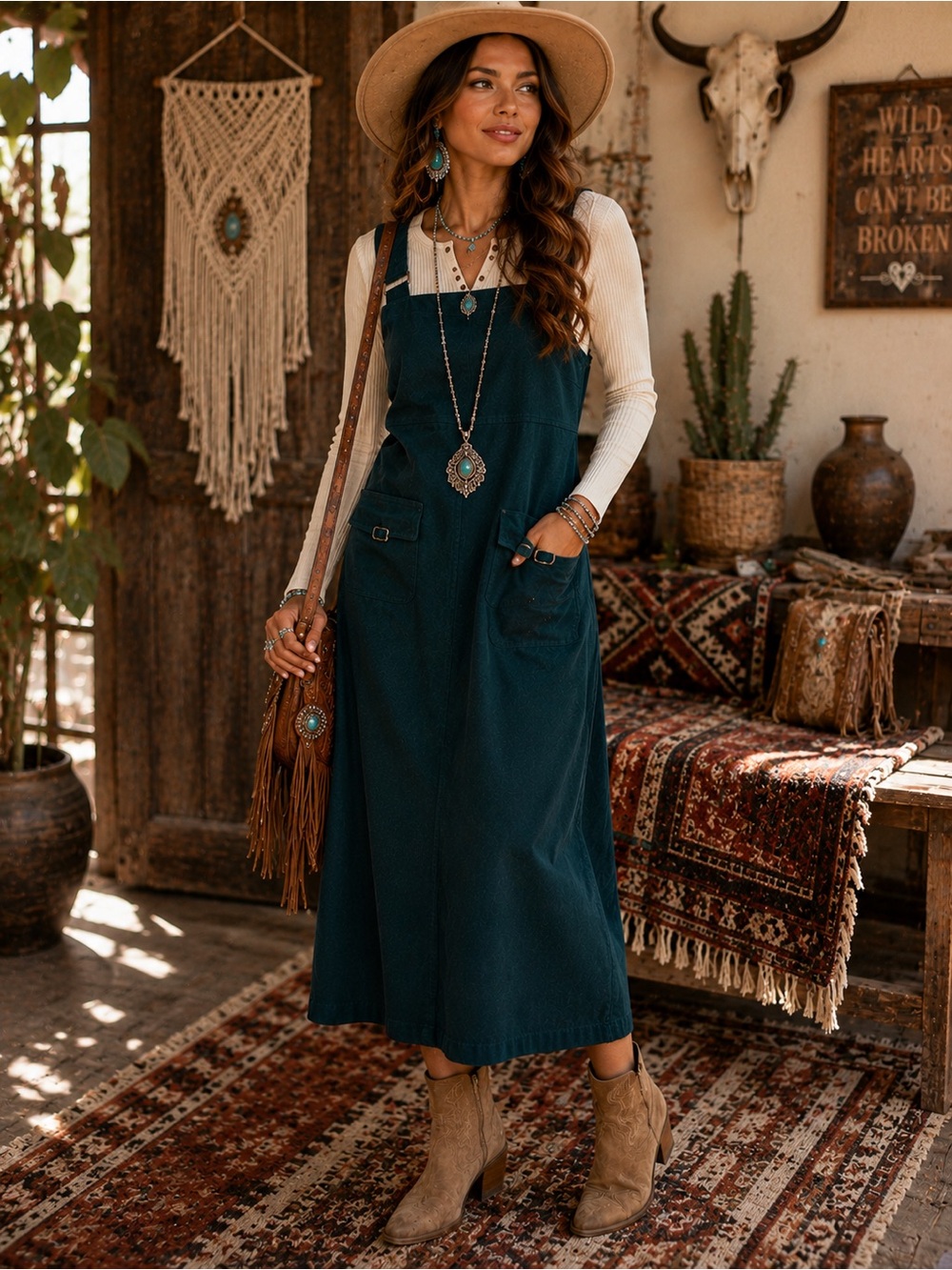 Paul Harris Design Dark Teal Pinafore Overall Maxi Dress M vintage 90s